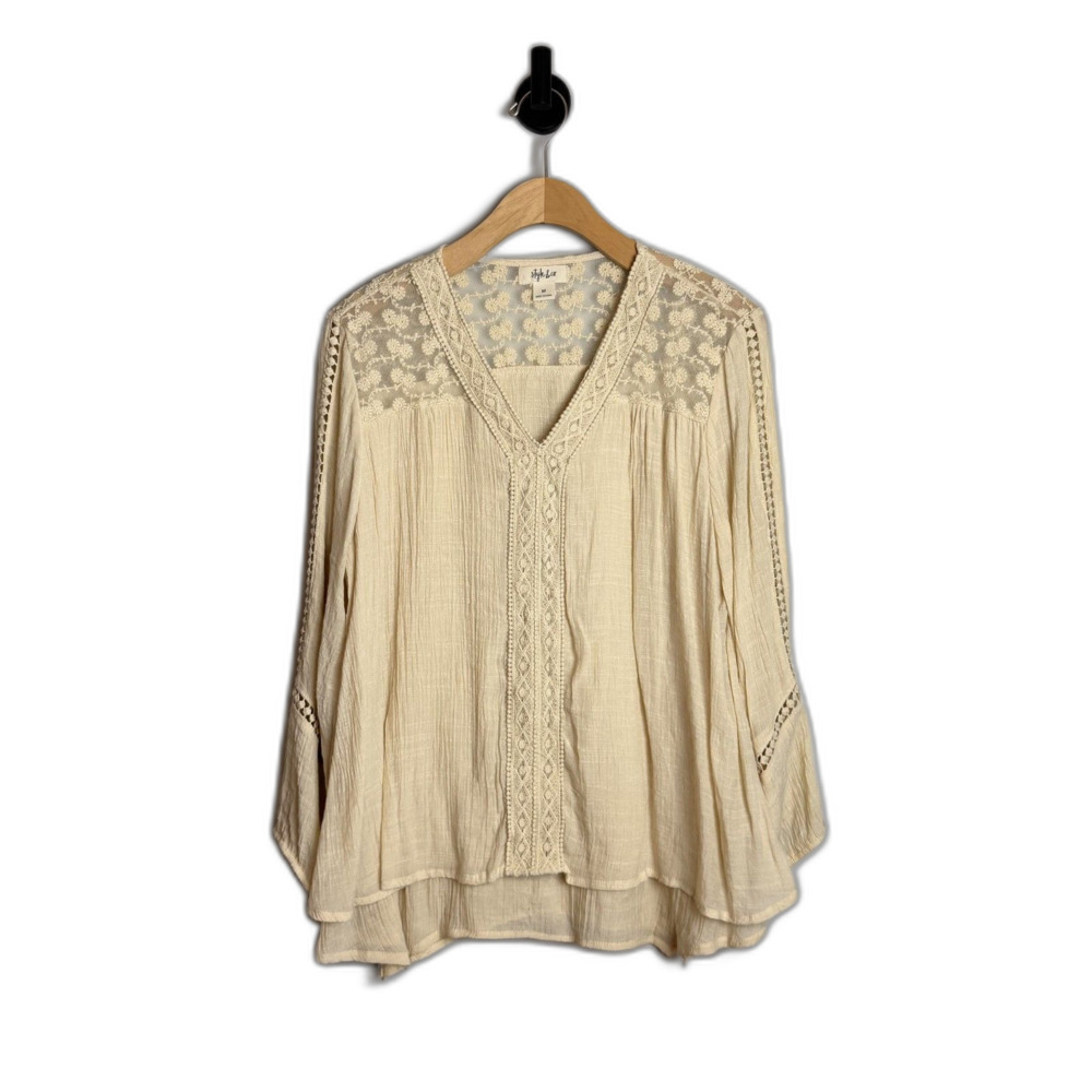 Style & Co Boho Blouse Size Medium Cream Lace Embroidered Flowy